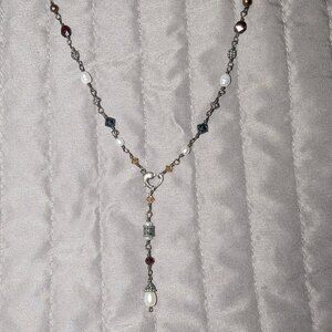 $3 with Bundle ~ Boho Pearl & Crystal Y-Drop Necklace with Heart Detail 4572